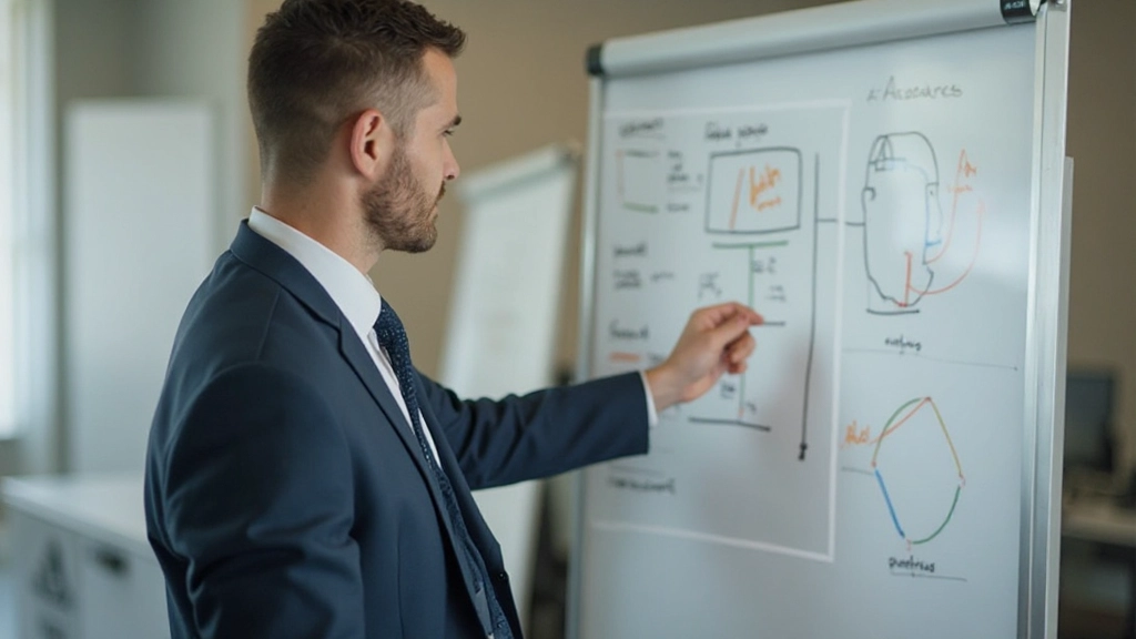 Professioneel werkend aan whiteboard met diagrammen en analyses, strategische planning
