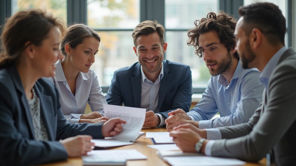 Team vergadering waar diverse professionals om tafel zitten en notities maken, open communicatie, professioneel kantoor