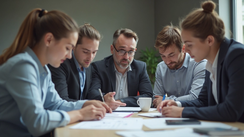 Team aan ronde tafel met laptop en documenten, brainstormsessie met data-analyse