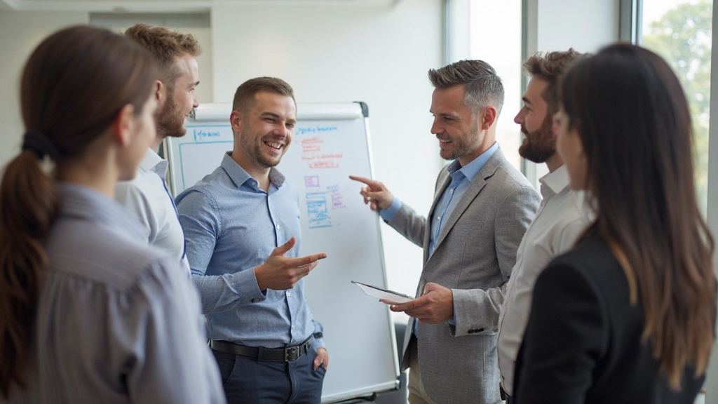 Team in diverse samenstelling werkt samen aan whiteboard met verschillende ideeën en perspectieven