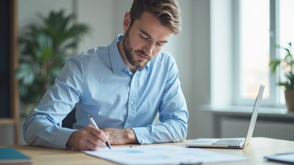 Jonge professional die strategische plan analyseert met pen en notitieboek op bureau