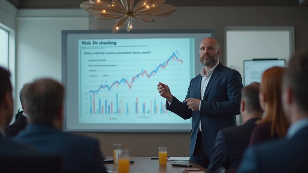 Business analyst presenteert risico scenario's en toekomstplannen op groot scherm